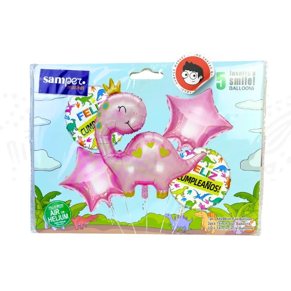 Set de Globos Dinosario rosa con estrellas